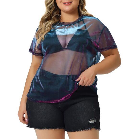 Plus Size T-shirt Sheer Mesh Holographic Drop Shoulder Top Black Purple - Picture 1 of 6